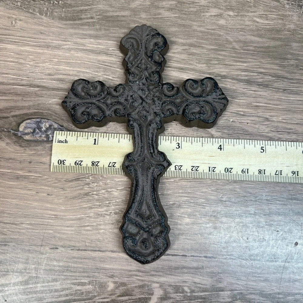 Cast Iron Wall Cross Ornate Fleur De Lis Scrollwork Rustic Church Heavy Set of 2